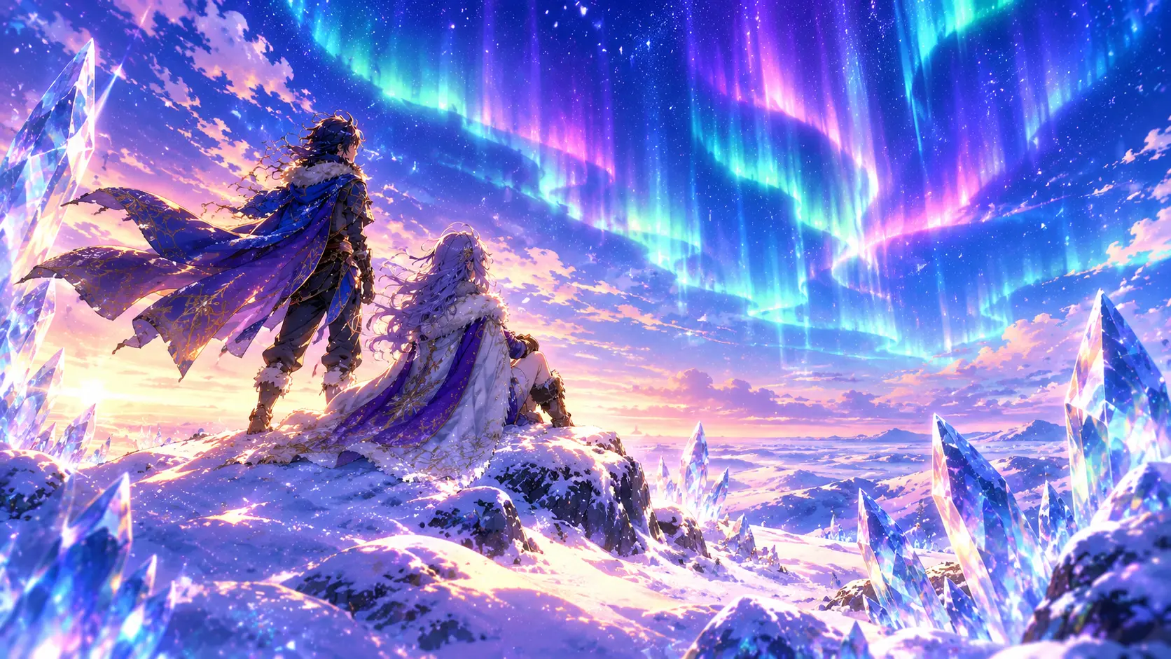 Dois viajantes sob uma aurora, contemplando o próximo passo da jornada